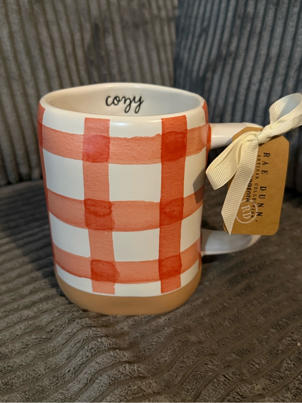 Rae Dunn ✨ Orange & White Gingham Pattern Ceramic Mug COZY NWT